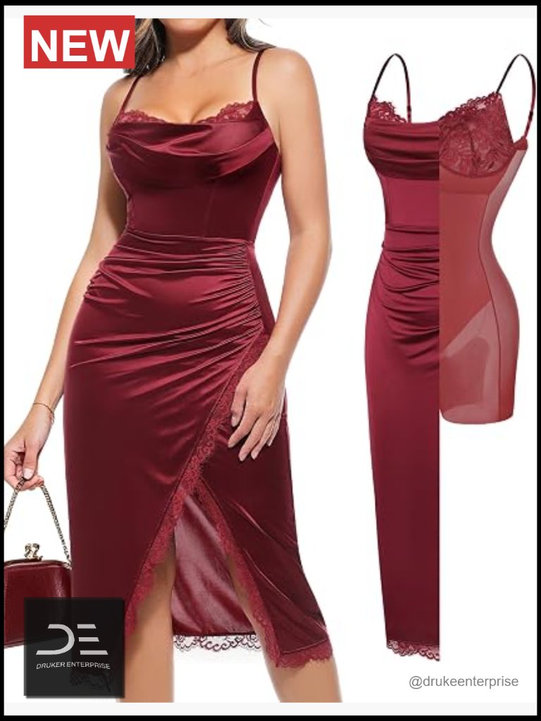 Satin Ruched Midi Corset Dress With Lace Trim Bra Shapewear Cocktail Bodycon